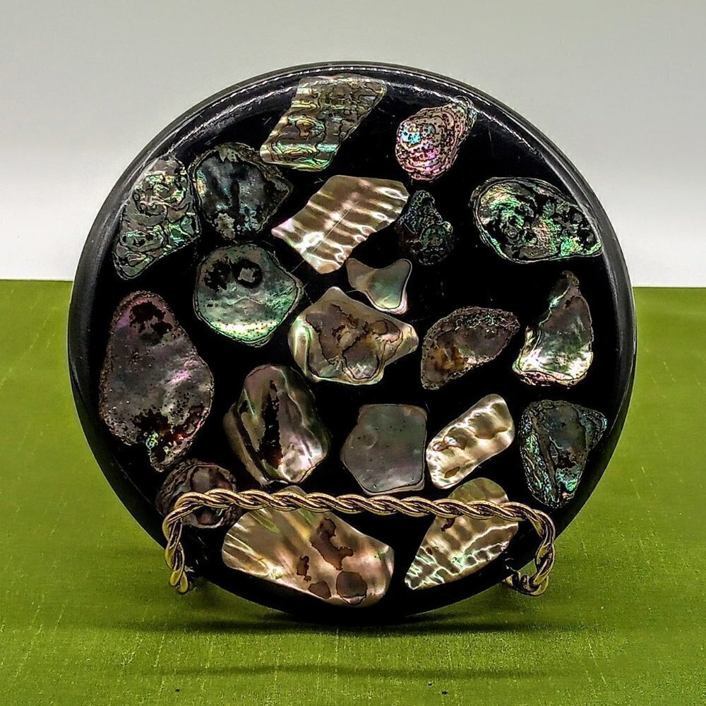 Vintage Abalone Shell Black Acrylic Footed Round Trivet